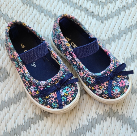 Navy blue floral toddler girl slip-on sneakers by Carter's, size 5 - Picture 1 of 7